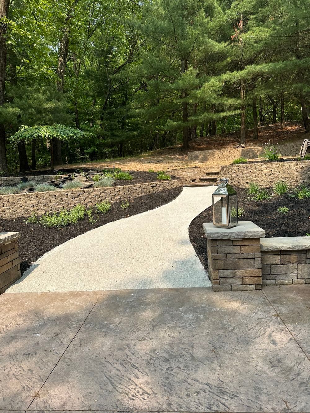 Winding gravel pathway through landscaped garden with stone wall and lush greenery.
