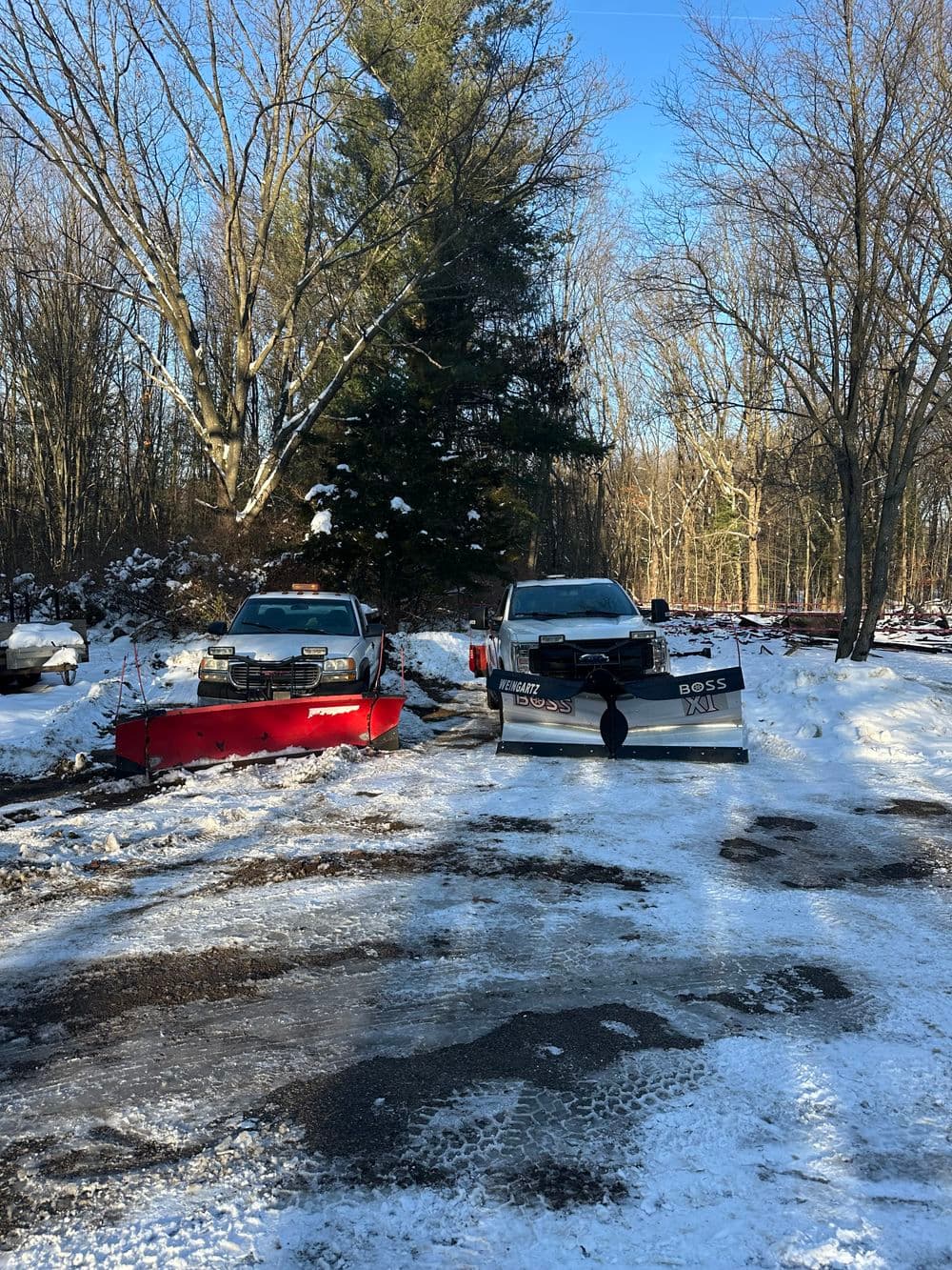 Two trucks equipped with snow plows parked on a snowy driveway surrounded by trees.